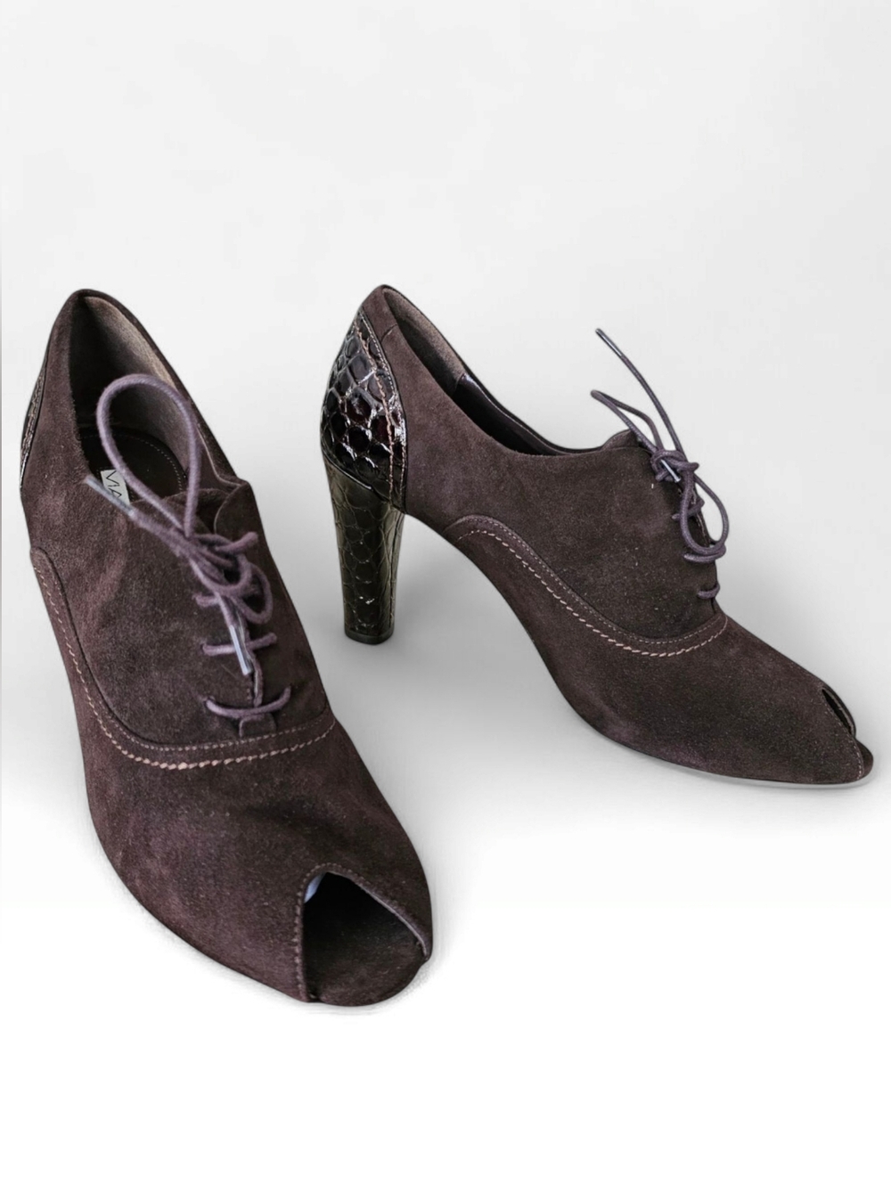 Via Spiga Dark Brown Suede Peep-Toe Lace-Up Heels with Croc-Embossed Heel 8M